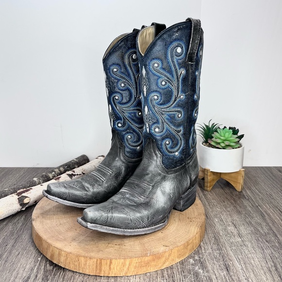 *Rockin Leather | Grey/Navy Western Distressed Leather Boots Size 6.5E - Picture 10 of 16